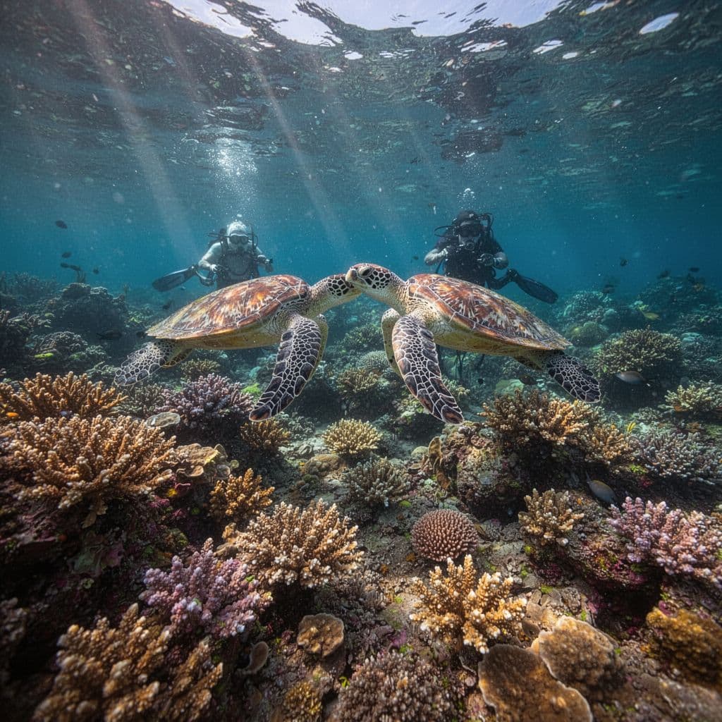 A sea turtle glides through clear tropical water above a vibrant, sunlit coral reef.
