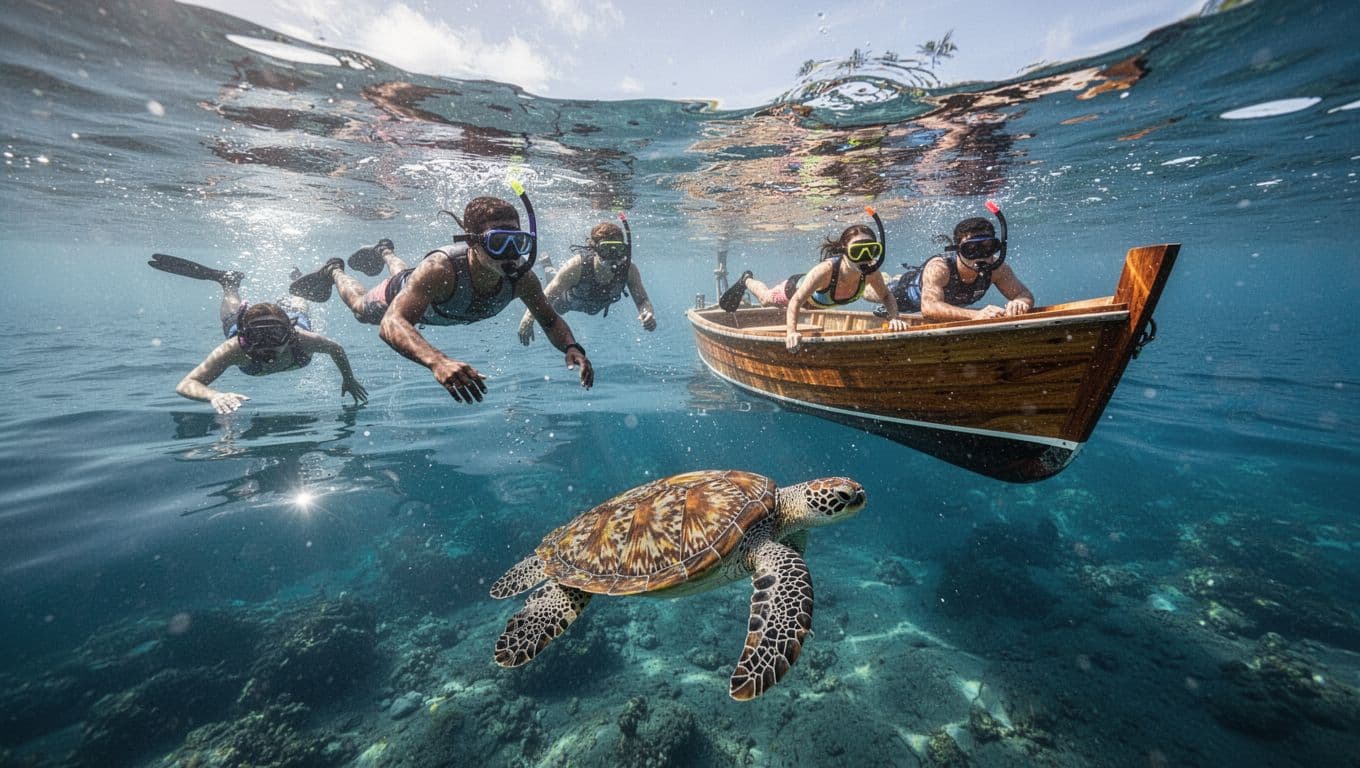 People snorkel in clear blue water near a boat while a sea turtle swims below them.