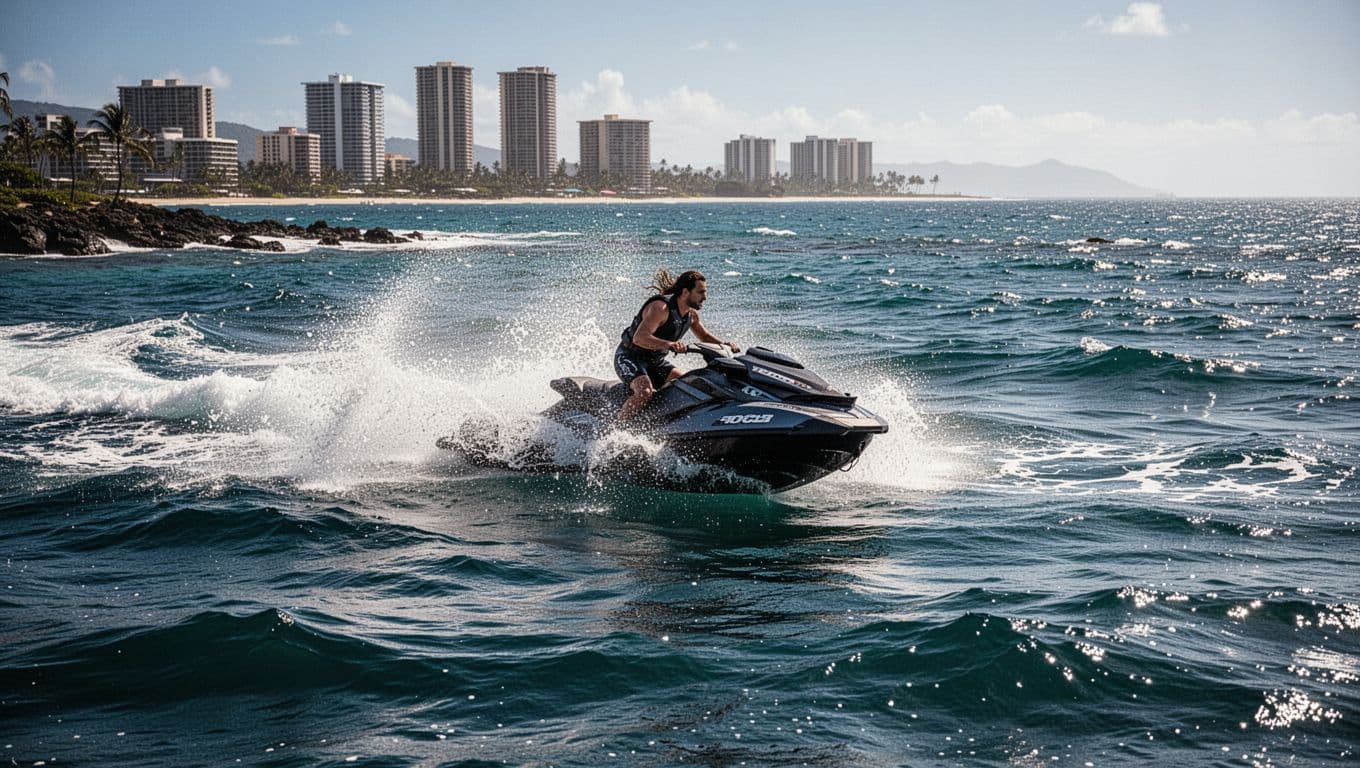 A solo rider speeds on a jet ski across choppy blue ocean waves near Oahu's coastline, with Waikiki high-rises in the distant background, captured in dynamic cinematic style.