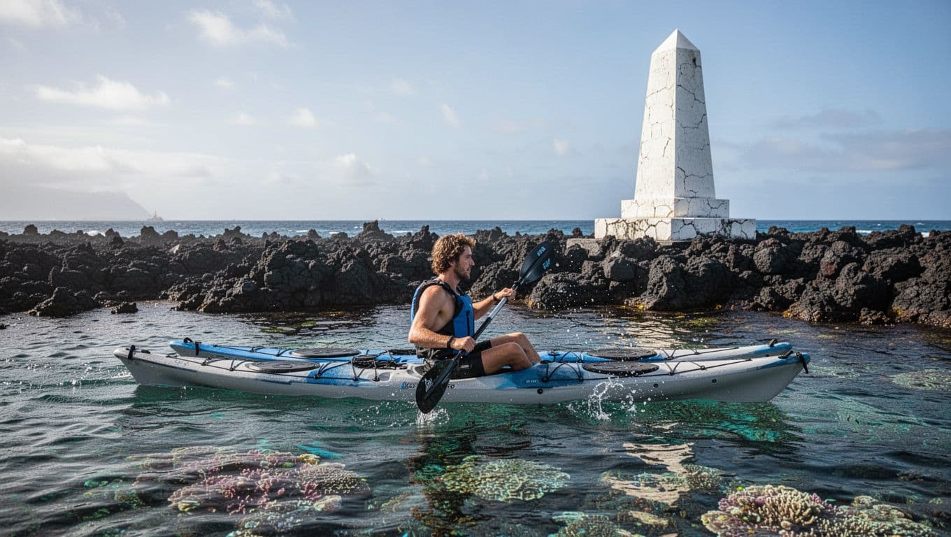 A solo kayaker paddles a tandem kayak towards the Captain Cook Monument in Kealakekua Bay, with clear turquoise water revealing coral below and black lava shoreline ahead in calm morning light.