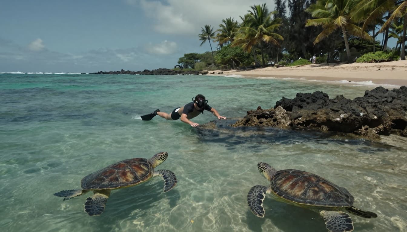 A solo snorkeler enters shallow shore waters near Oahu rocks, with two turtles swimming nearby in a calm bay, surrounded by palm trees, beach, and visible reef under cinematic lighting.