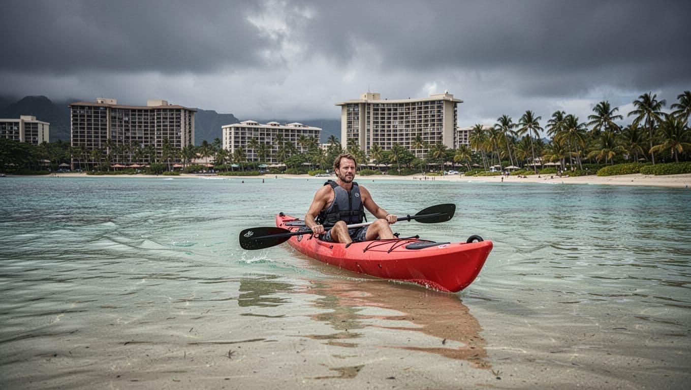 An adult paddles a vibrant red sea kayak through shallow, calm turquoise waters near the Waikiki Beach shoreline, featuring hotels and palm trees in the distant background under overcast tropical light. The solo paddler faces forward in a relaxed posture with paddle in water, captured in cinematic style with strong contrast, depth, and dramatic lighting.