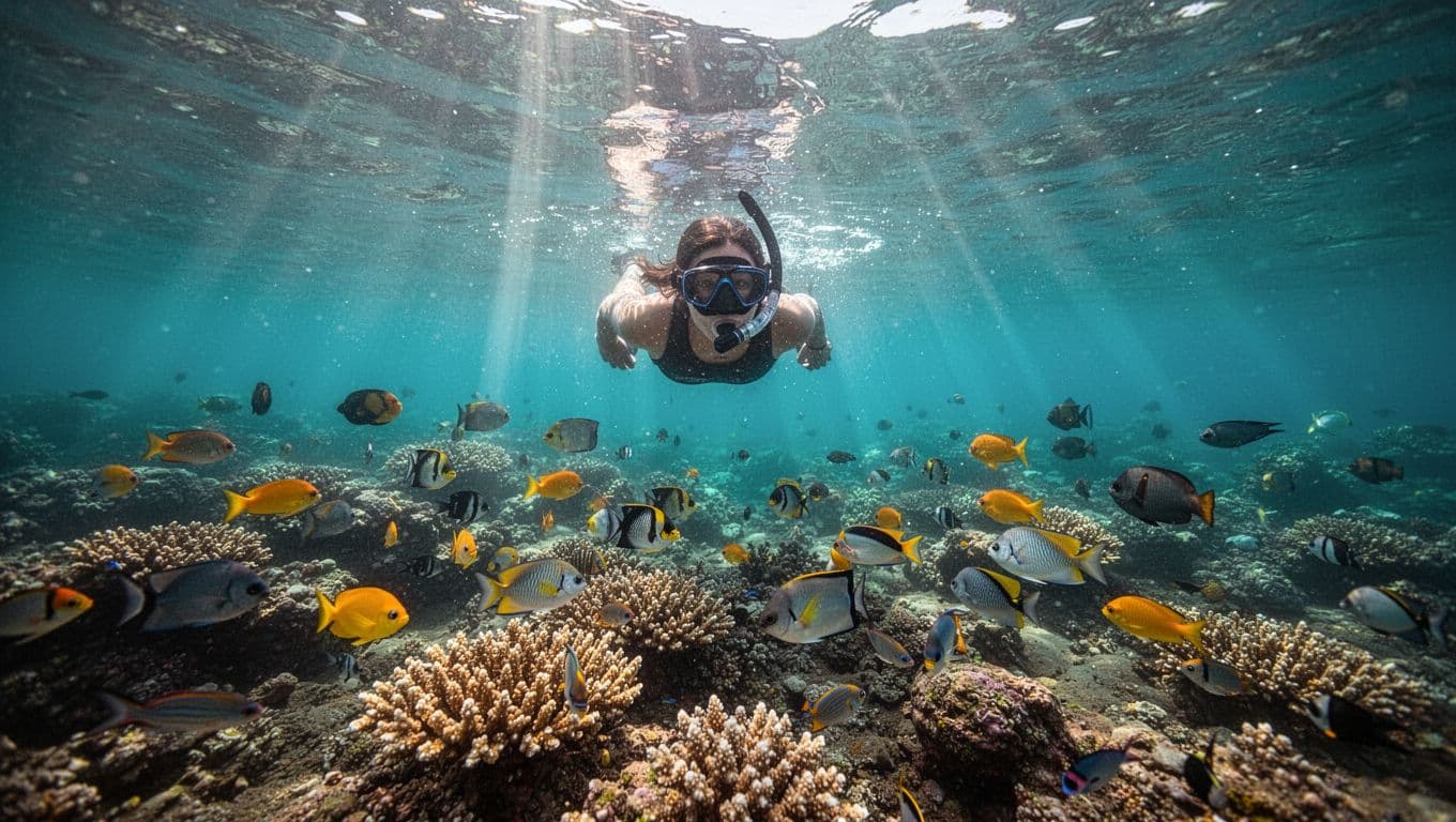 A solo snorkeler explores vibrant coral reefs teeming with colorful tropical fish in crystal-clear turquoise waters off the Big Island Hawaii coast during summer, sunlight rays piercing from above.