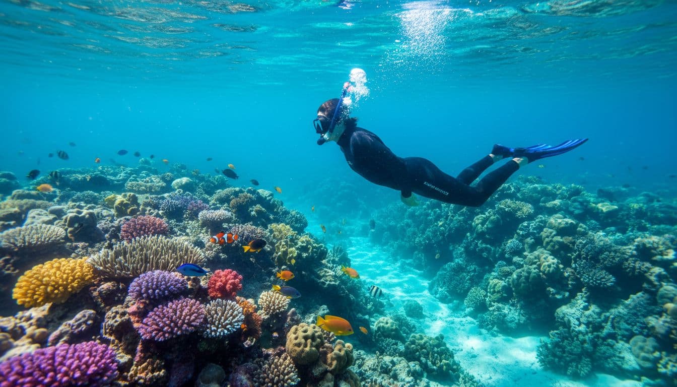 A solo snorkeler in a black 3mm full-body wetsuit swims near a colorful coral reef in clear turquoise Waikiki waters, with bubbles rising, fish around, and sunlight rays piercing through.