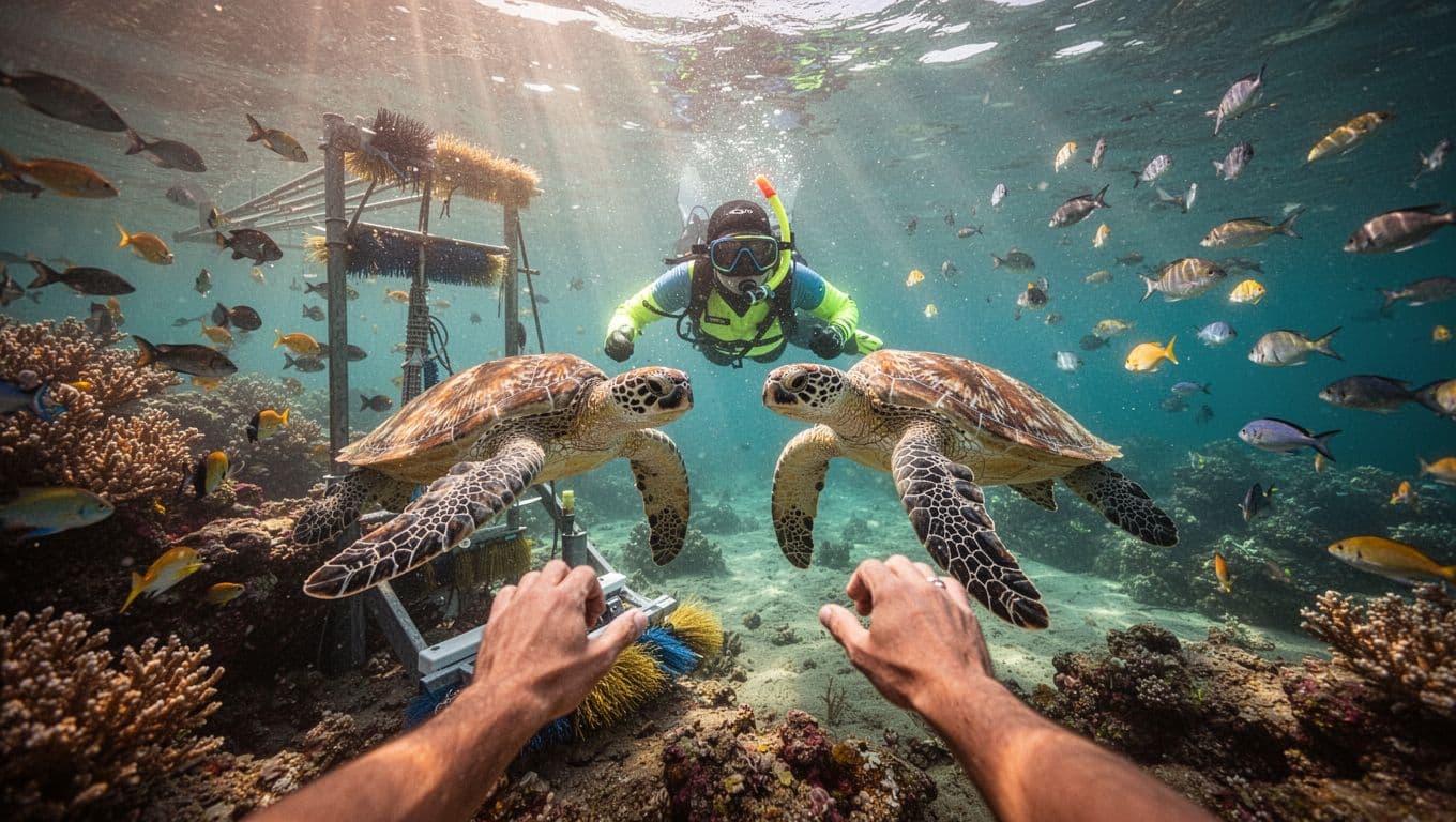 A solo snorkeler in colorful gear swims close to two Hawaiian green sea turtles at a coral reef cleaning station in crystal-clear turquoise summer waters off Oahu's Waikiki coast, surrounded by vibrant fish schools and sunlight rays.