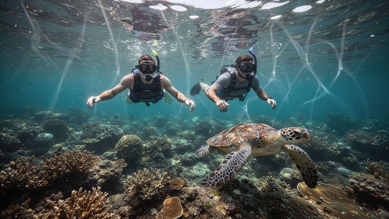 A solo snorkeler floats calmly in clear turquoise water above a vibrant coral reef at Turtle Canyon, Oahu, as a Hawaiian green sea turtle swims nearby below. Sun rays pierce the surface creating dramatic caustics in this cinematic underwater scene of a safe, respectful encounter.