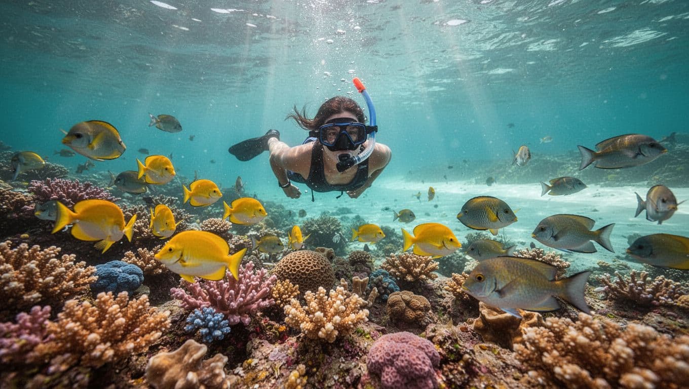 A solo snorkeler glides over a colorful coral reef at Kaimana Beach in Waikiki, surrounded by tropical fish in clear turquoise water with dramatic sunlight rays.