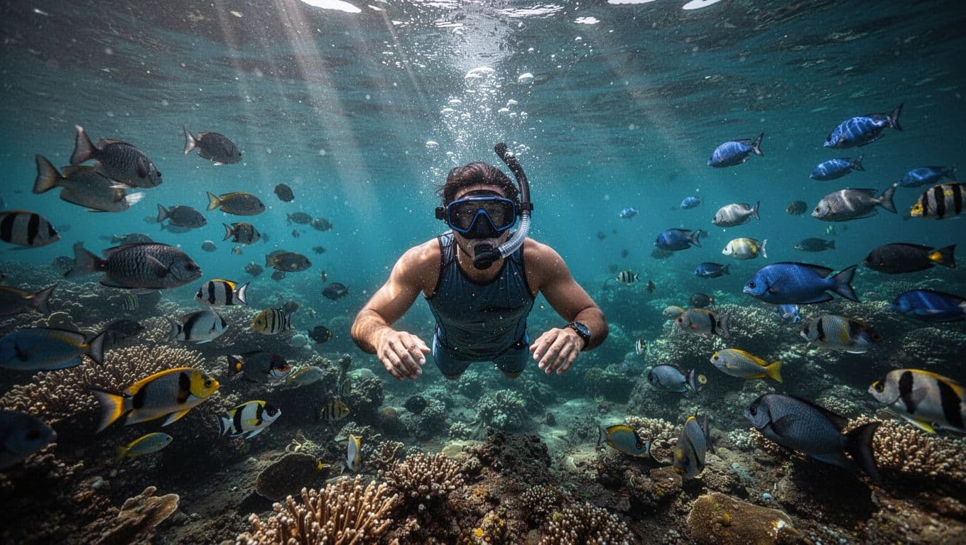 A solo snorkeler floats relaxed above a vibrant coral reef in the clear turquoise waters of Kealakekua Bay, Big Island, Hawaii, surrounded by schools of tropical fish with sunlight rays piercing the surface in cinematic style.