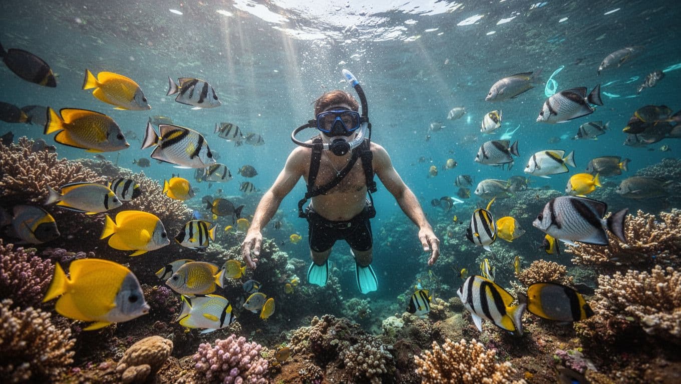 Solo snorkeler gliding through vibrant coral reef garden with schools of tropical fish in crystal-clear Kealakekua Bay waters, sunbeams creating caustics.
