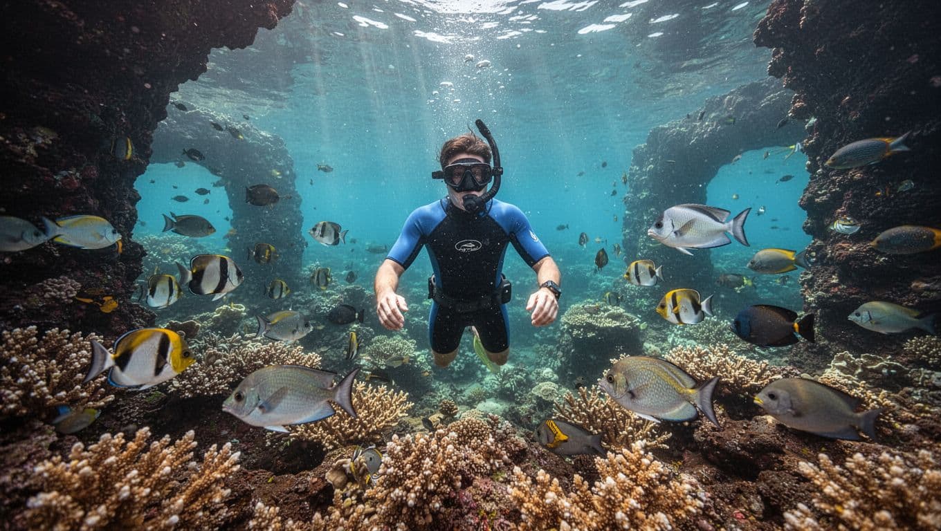A solo snorkeler in a shorty wetsuit gently floats above a vibrant coral reef garden in the crystal-clear turquoise waters of Kealakekua Bay, Big Island, Hawaii, surrounded by diverse tropical fish darting through lava tube arches with dramatic sunlight caustics.