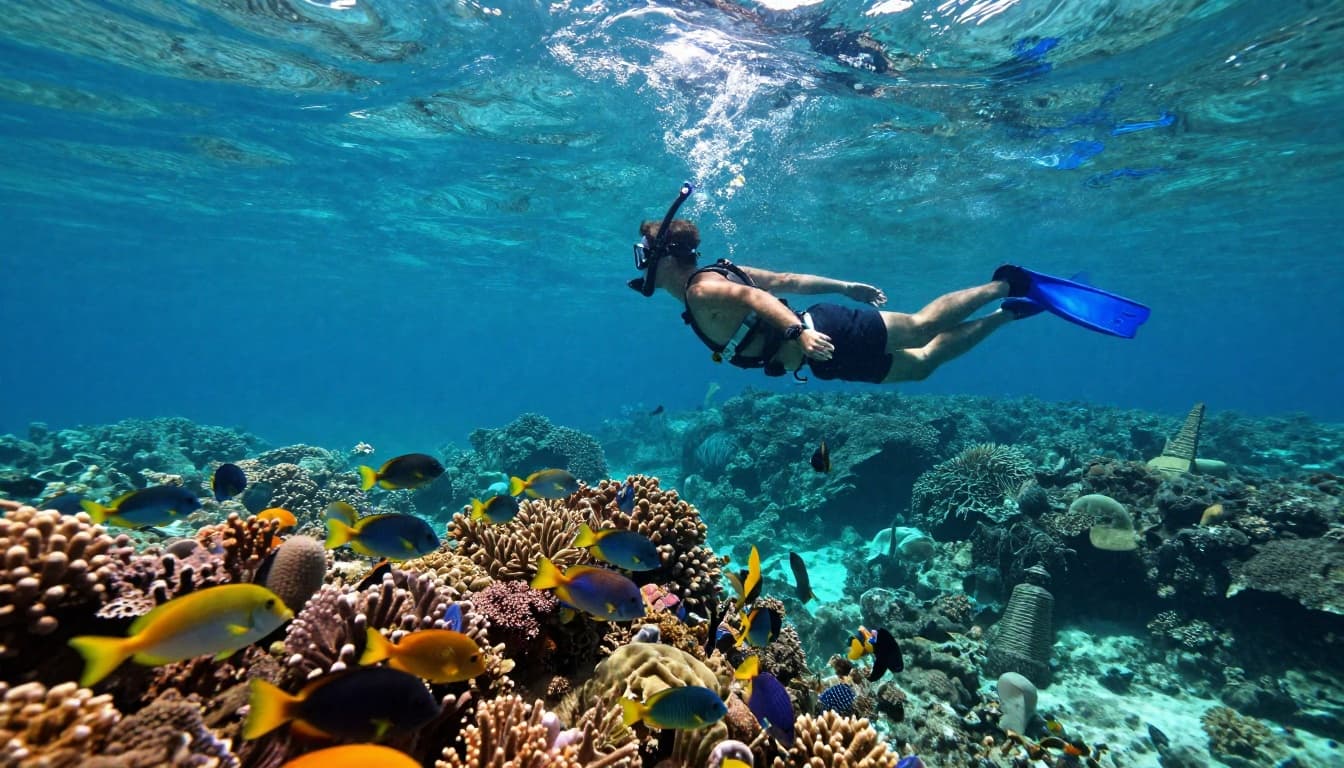 A solo snorkeler glides above a vibrant coral reef teeming with tropical fish like yellow tangs and parrotfish in crystal-clear turquoise waters of Kealakekua Bay, Hawaii, with sunlight rays creating caustics and distant volcanic cliffs visible.