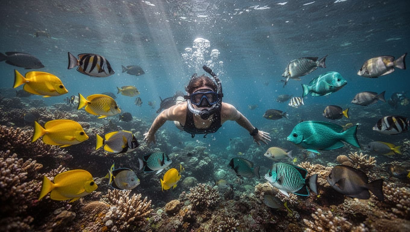 A solo snorkeler swims underwater in crystal-clear Kealakekua Bay, Big Island, Hawaii, surrounded by vibrant coral reefs and schools of tropical fish like yellow tang and humuhumunukunukuapua'a, with sunlight shafts and bubbles in an immersive first-person view.