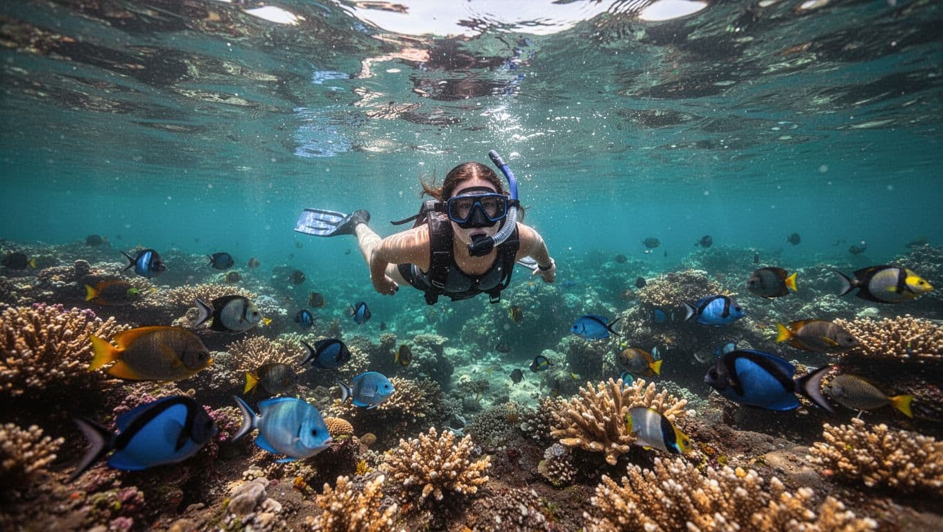 A solo snorkeler explores a vibrant coral reef and tropical fish in Kealakekua Bay, Hawaii Big Island, with gentle ocean currents creating subtle ripples in clear turquoise water.