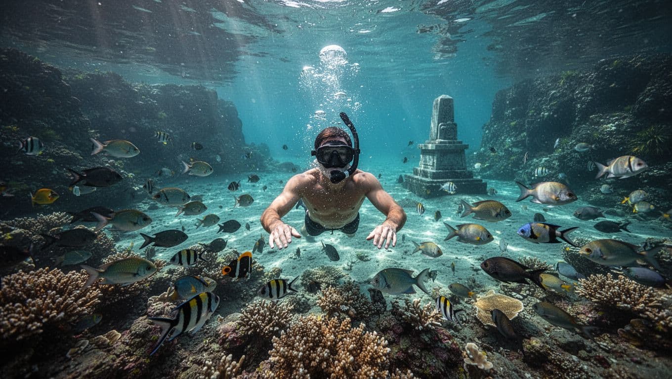 A solo snorkeler floats calmly above a vibrant coral reef teeming with tropical fish in crystal-clear turquoise waters of Kealakekua Bay, with distant volcanic cliffs and Captain Cook monument visible in cinematic underwater lighting.