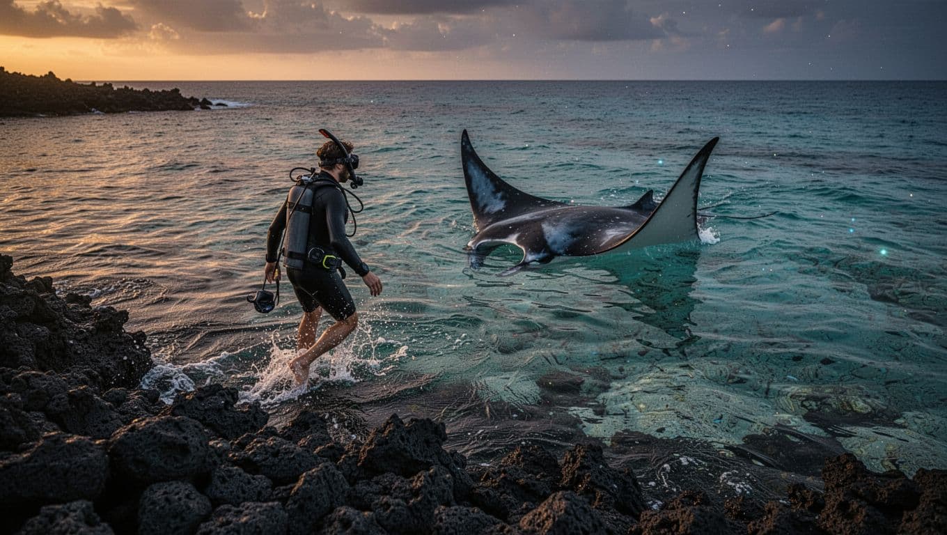 A solo snorkeler wades from a black lava rock shore into calm turquoise ocean at dusk, as a giant manta ray glides nearby in shallow water, captured in cinematic style with dramatic golden hour lighting and strong contrast.
