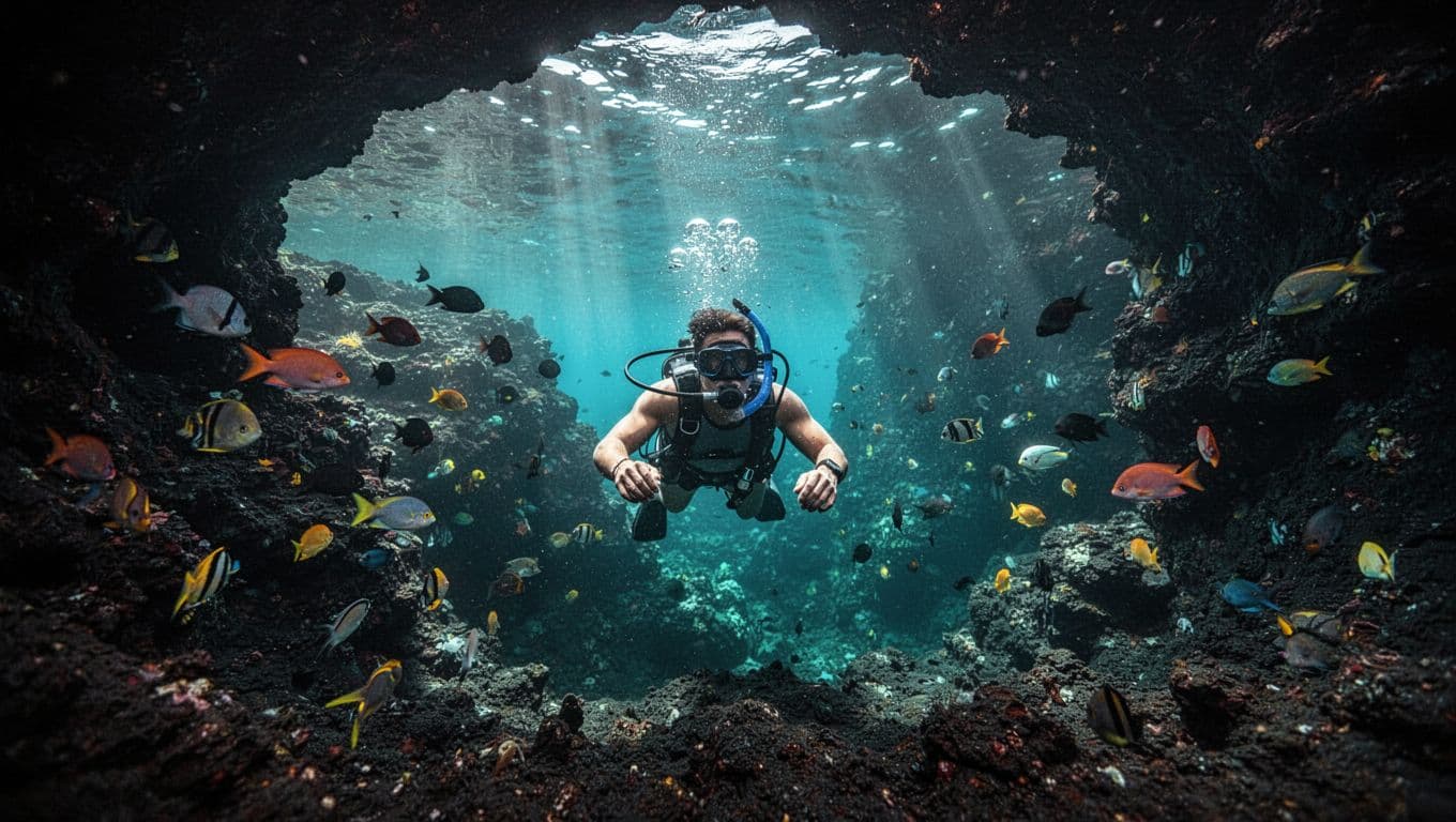 A solo snorkeler swims through a dark underwater lava tube on the Big Island Hawaii coast, with sunlight piercing turquoise water creating beams of light amid schools of colorful tropical fish around black lava rocks.