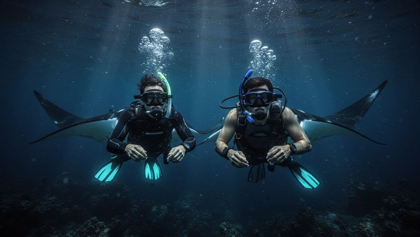 A solo snorkeler swims gracefully near a large manta ray in dark ocean waters, illuminated by boat lights from above in a cinematic style with dramatic lighting and blue tones.
