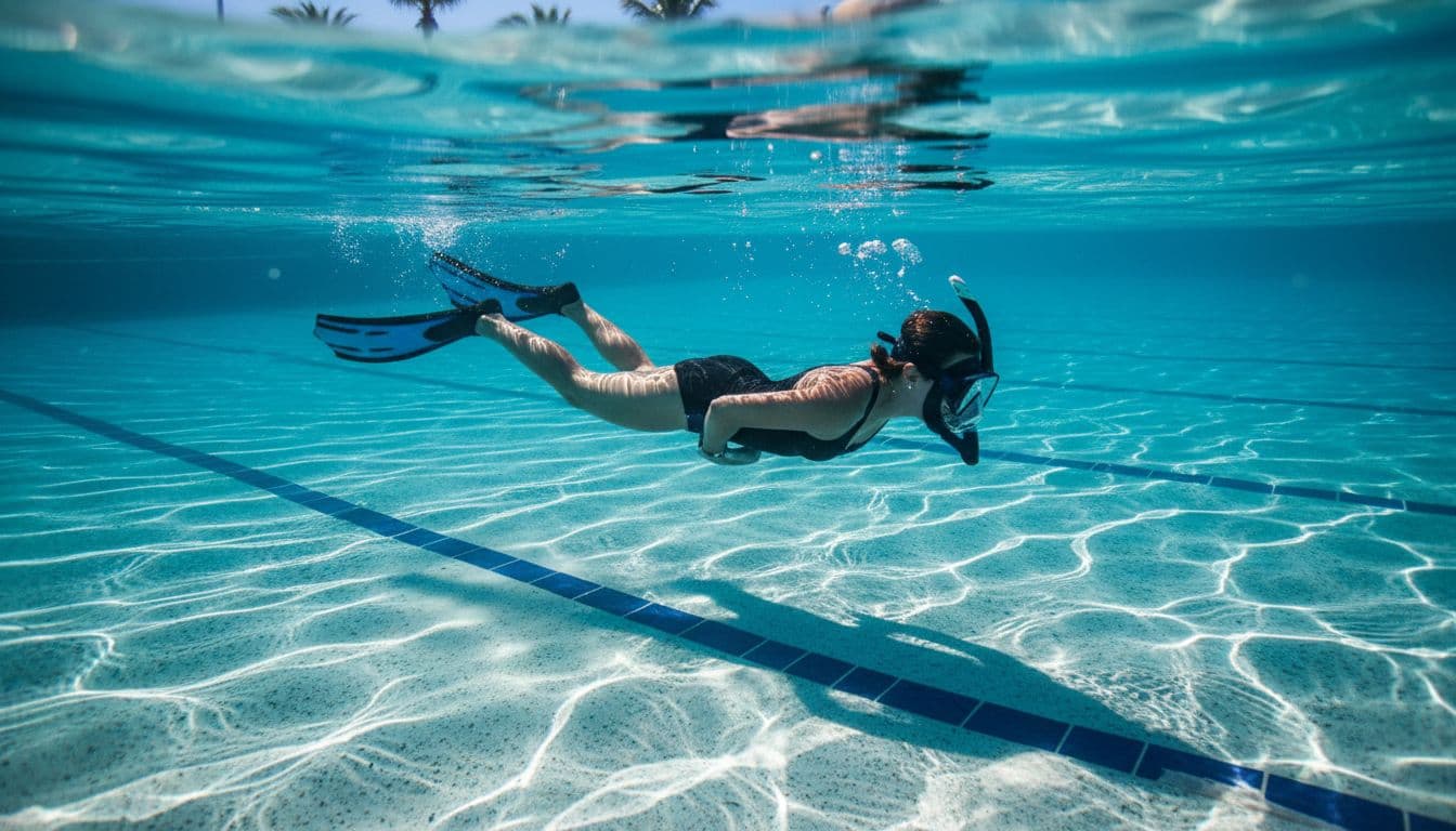 Swimmer floats face down in turquoise pool wearing mask, snorkel, and fins.