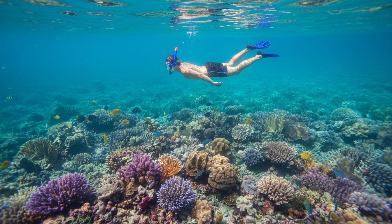 A solo snorkeler floats face down in calm Waikiki waters, demonstrating relaxed body position and steady snorkel breathing over a colorful coral reef with fish in clear turquoise water.