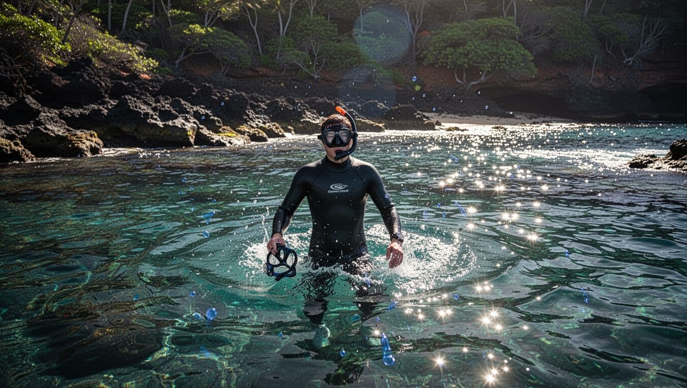 A solo snorkeler wearing a shorty wetsuit emerges from clear turquoise water near the rocky shoreline of a Hawaiian bay, captured in a relaxed pose holding their mask with dramatic sunlight and cinematic lighting.