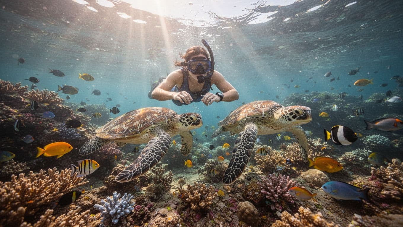 Solo snorkeler above colorful corals, fish, and green sea turtle with midday sun glare.