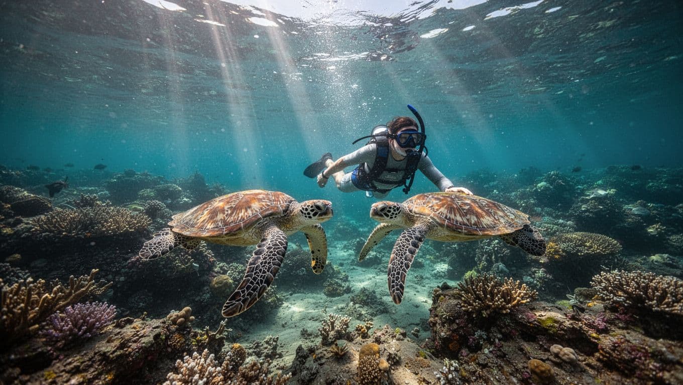A solo traveler snorkels in crystal-clear turquoise waters of Turtle Canyon, Oahu, swimming near Hawaiian green sea turtles over a vibrant coral reef with sunlight rays creating dramatic beams.