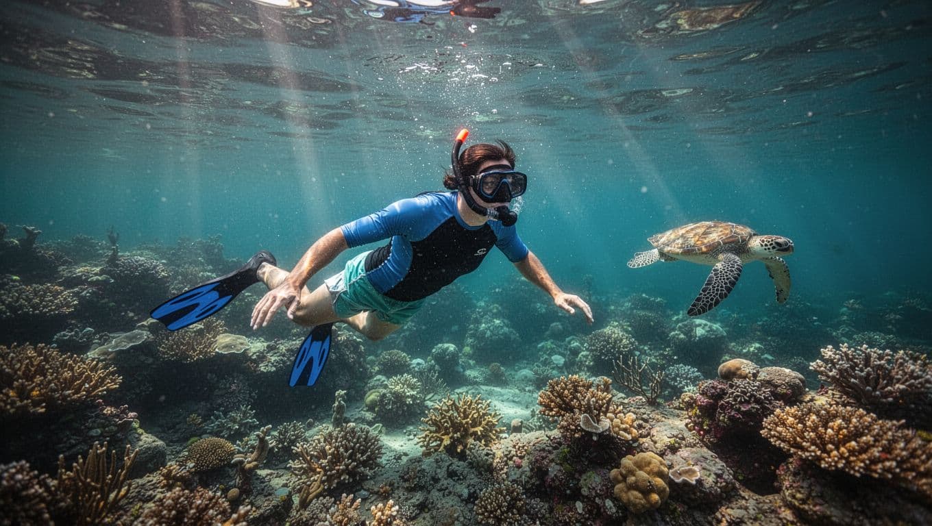A solo snorkeler in calm turquoise ocean waters near Oahu's Turtle Canyon coral reef wears proper rash guard, swim shorts, mask, snorkel, and fins, with a Hawaiian green sea turtle swimming nearby. Cinematic style with strong contrast, depth, and dramatic surface sunlight filtering down.
