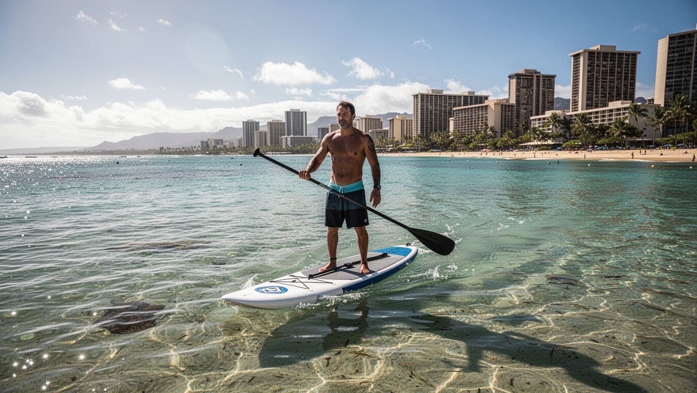 A solo adult paddler balances relaxed on a stand-up paddleboard, gliding over shallow clear turquoise ocean waters near Waikiki shore with Honolulu skyline in the background, captured in cinematic style with dramatic midday lighting.