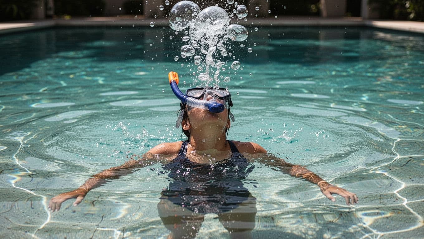 Solo swimmer in shallow pool exhales sharply into snorkel with large bubbles exiting top above water.