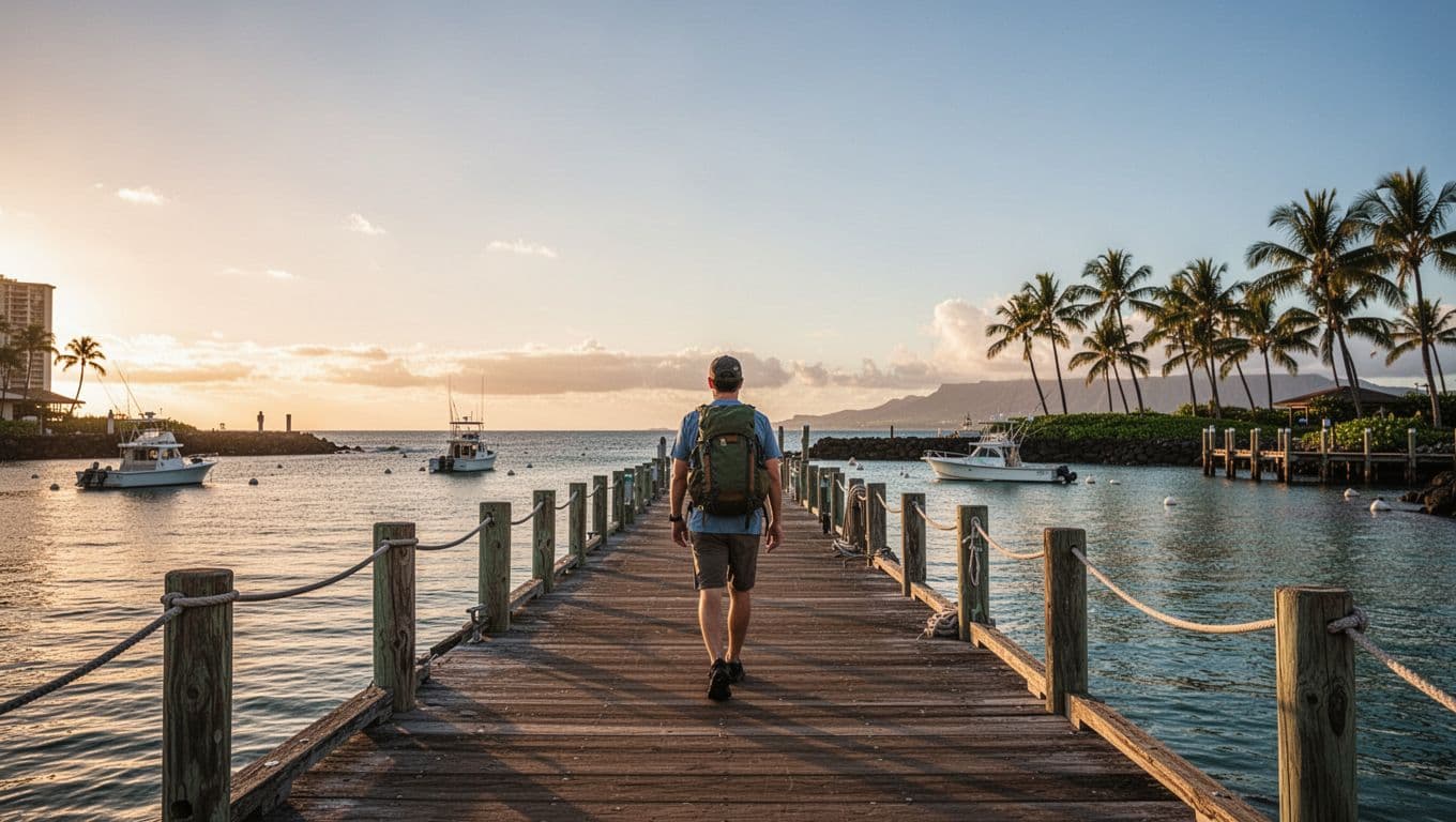 Solo traveler with small backpack walks relaxed at dawn in Kewalo Basin Boat Harbor, ocean boats and palms behind.
