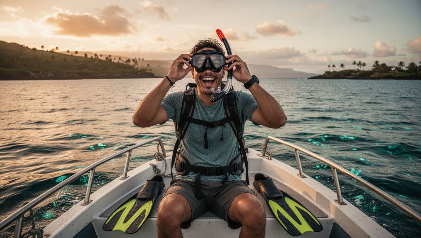 A solo traveler on a small boat deck at dusk off the Kona, Hawaii coast excitedly adjusts snorkel mask and fins, with ocean horizon in cinematic golden hour lighting.