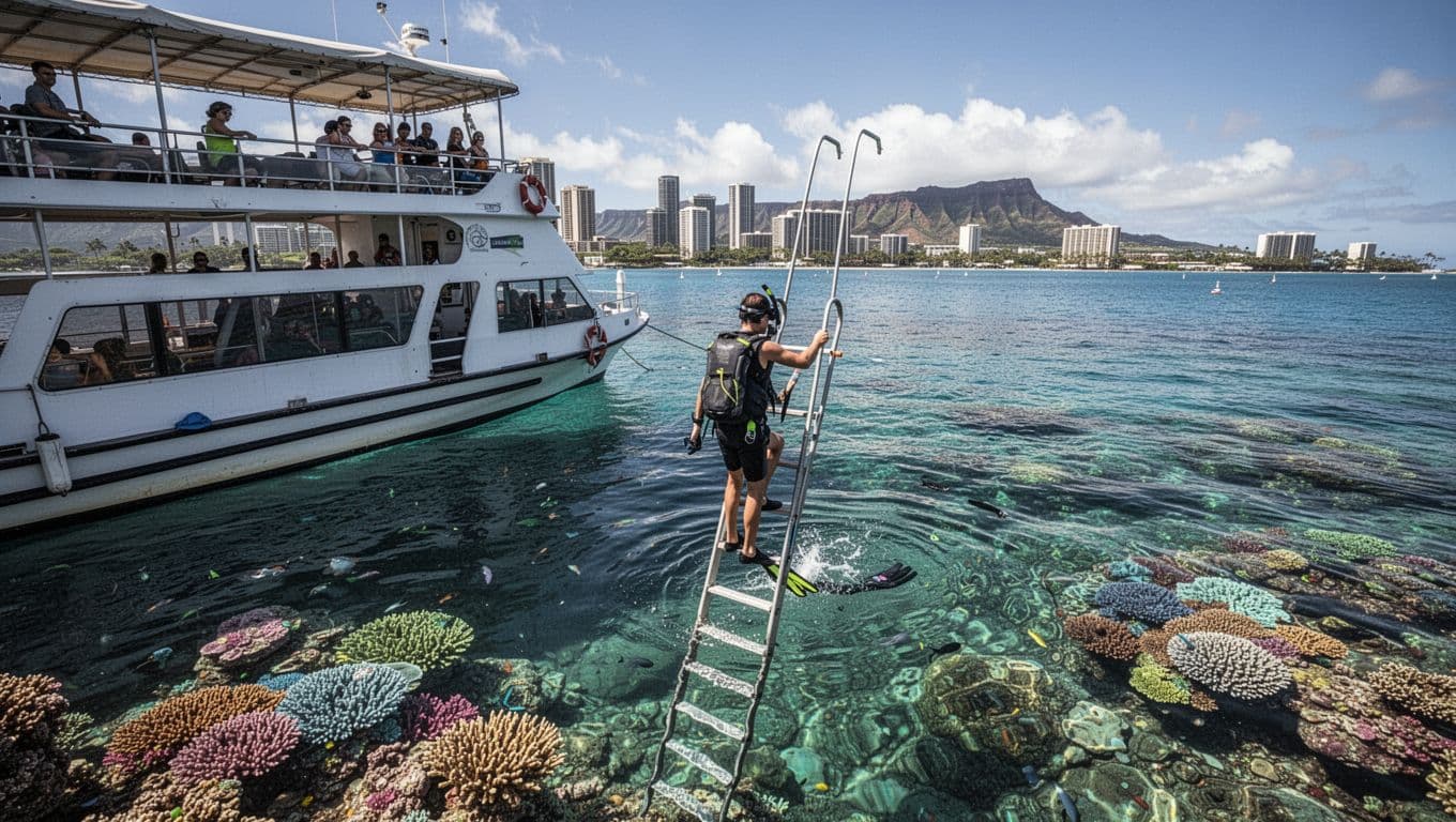 A solo traveler climbs down a heavy-duty ladder from a double-decker tour boat anchored near Turtle Canyon reef in Oahu, entering clear blue water for snorkeling with vibrant coral visible below and distant Waikiki skyline.