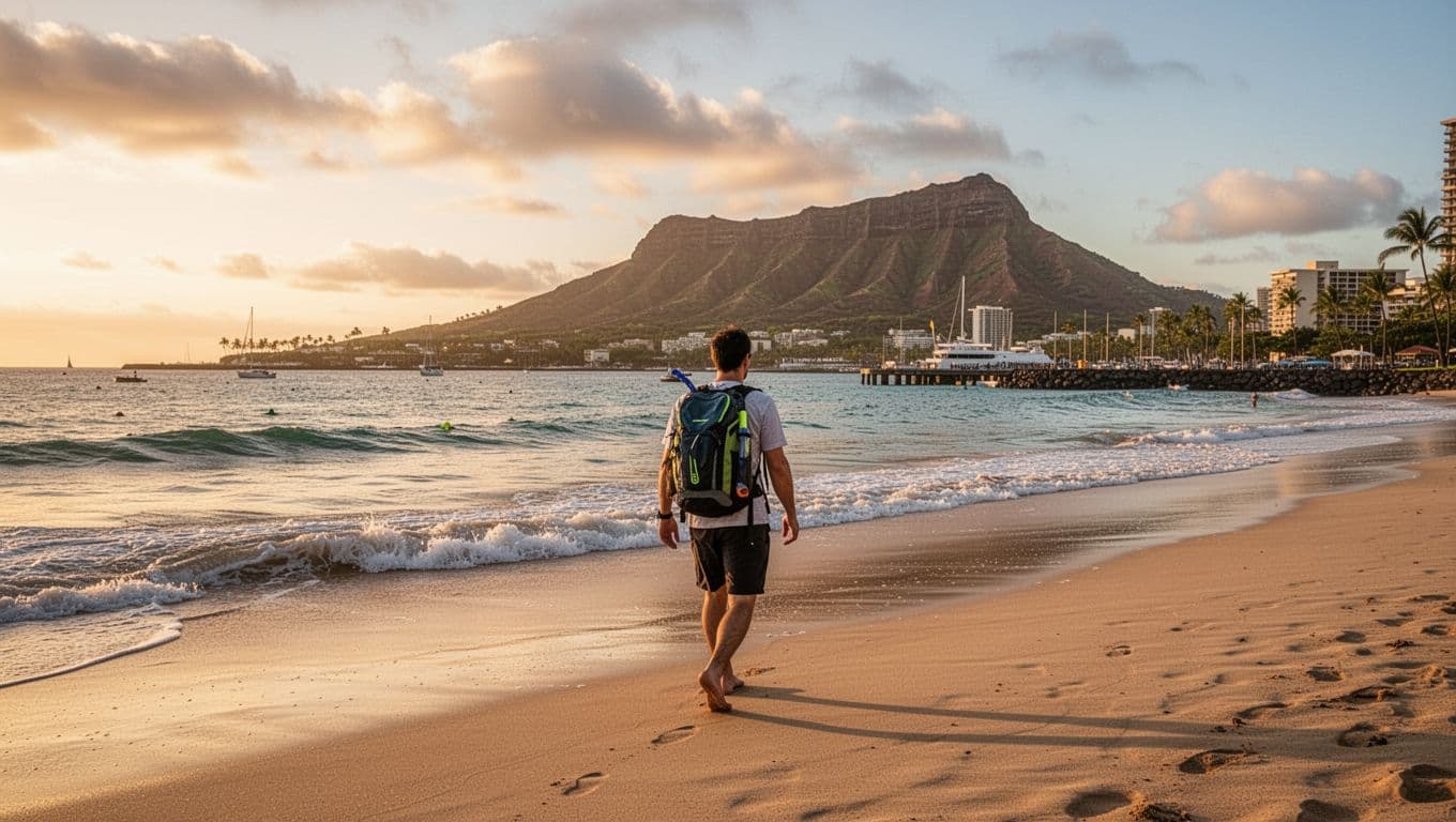 A solo traveler with a backpack walks relaxed along Waikiki Beach towards Kewalo Basin Boat Harbor at dawn, with gentle ocean waves, Diamond Head in the distance, in cinematic golden hour lighting.