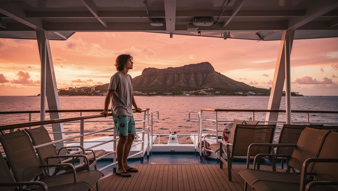 A young adult solo traveler in casual summer clothes stands relaxed on the upper deck of a double-decker catamaran boat cruising calm ocean waters off Waikiki Beach at sunset, with Diamond Head crater silhouetted against a vibrant orange and pink sky.
