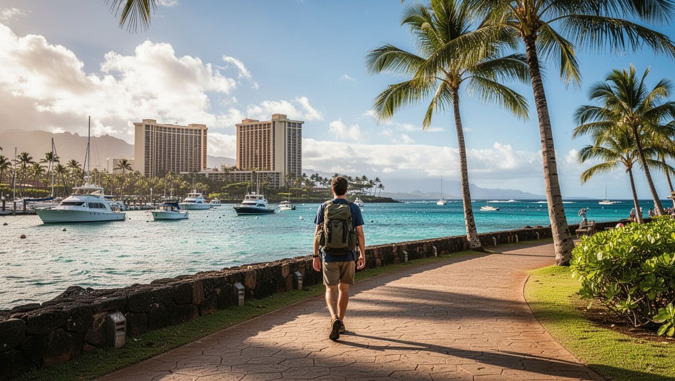 A solo traveler with backpack walks relaxed along paved oceanfront path near Ala Moana towards Kewalo Basin harbor boats, with Waikiki skyline distant, palm trees, blue ocean on sunny Hawaii day.
