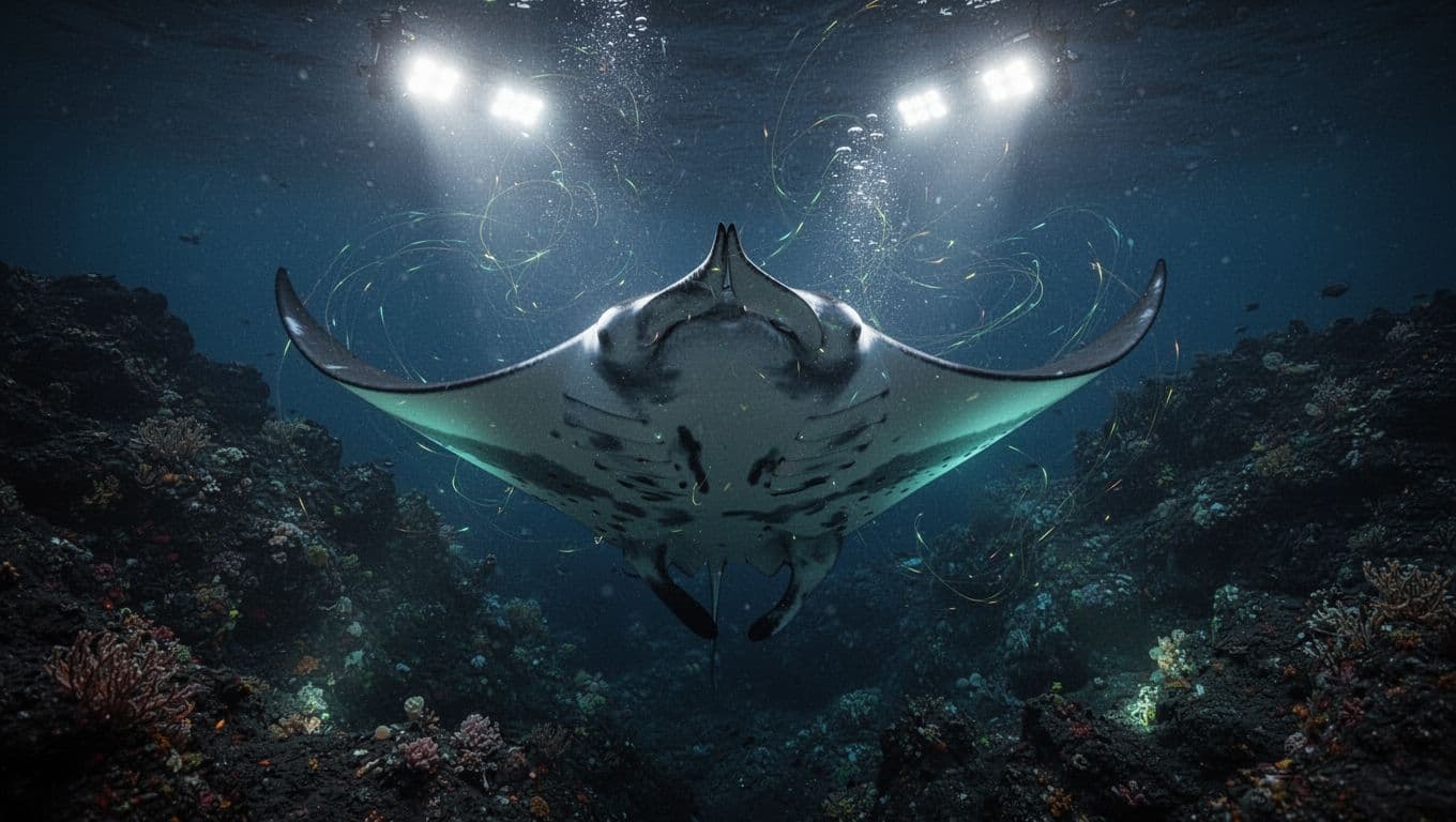 Giant manta ray somersaults underwater at night, lit by surface dive lights over dark volcanic reef.