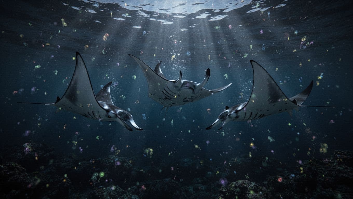 Three large graceful manta rays somersaulting and gliding through dark ocean waters at night, illuminated by beams of light from surface boards piercing plankton-filled water with ethereal blue glow.