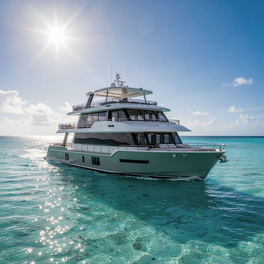 A spacious double-decker boat floats on calm blue tropical water under a clear sunny sky.