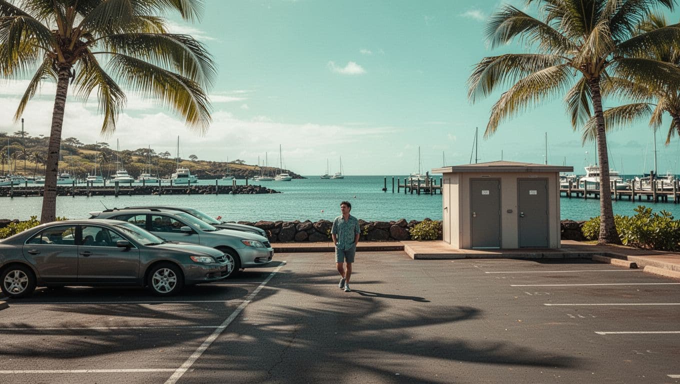 Spacious free parking lot at Honokohau Harbor in Kona, Hawaii, featuring few cars, one person walking relaxed toward restrooms, ocean inlet with distant boats, palm trees, and sunny tropical cinematic lighting.