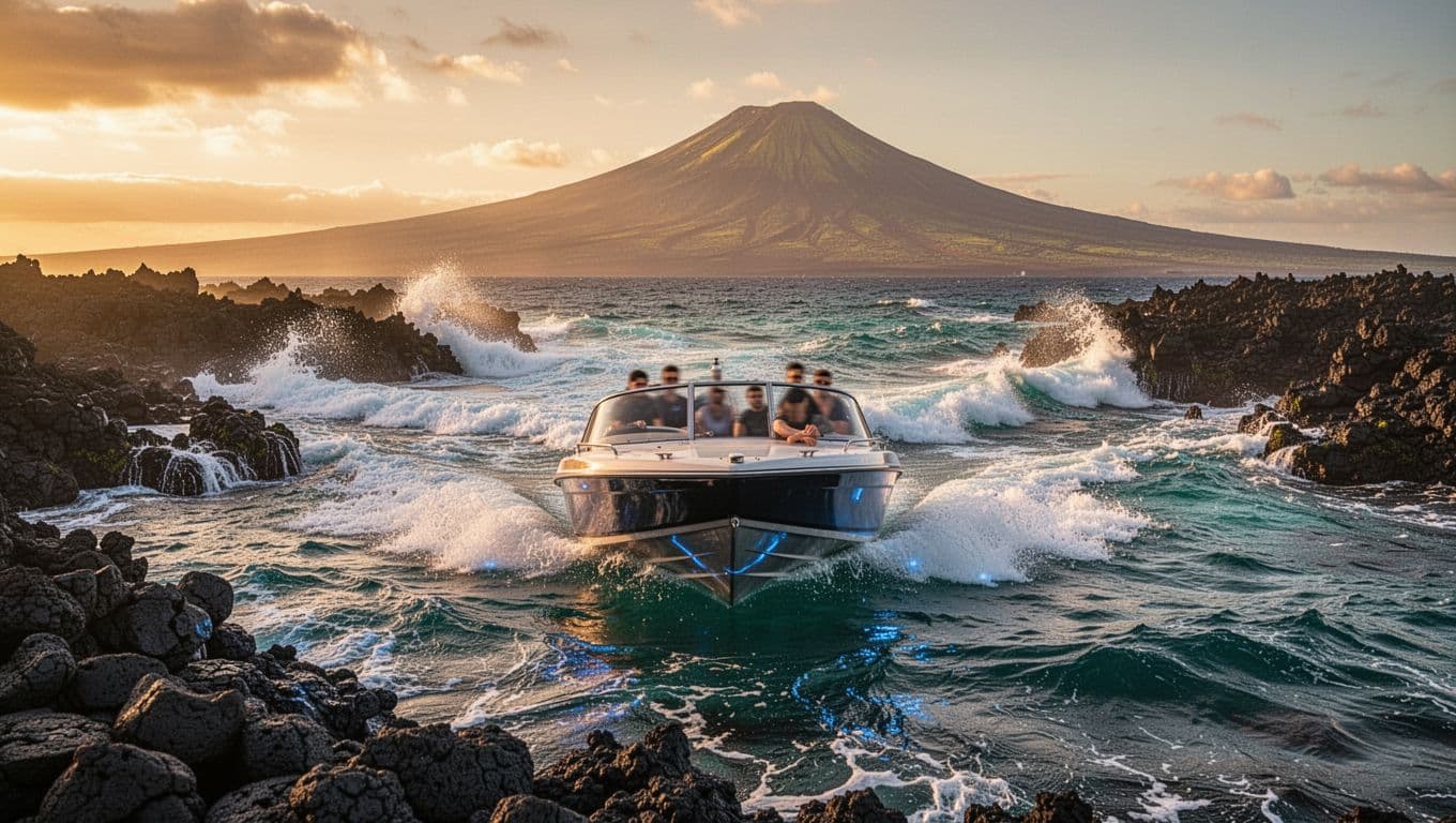 Speedboat leaving Honokohau Marina along the Kona coast of Big Island, Hawaii, with turquoise ocean waves crashing on black lava rocks and distant Hualalai volcano under a golden sunrise sky in cinematic style.