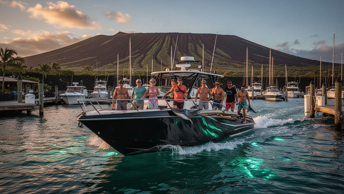 Sleek speedboat at dusk departing Honokohau Marina in Kona, Hawaii, with volcanic coastline background and exactly 8 excited tourists boarding for manta ray snorkel tour in cinematic golden hour lighting.