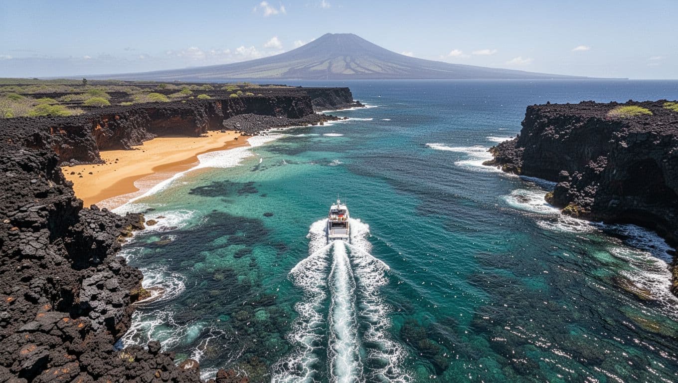 Aerial view of speedboat along Kona Coast toward Kealakekua Bay with lava rock shores, golden beaches, turquoise ocean, and distant Mauna Loa.