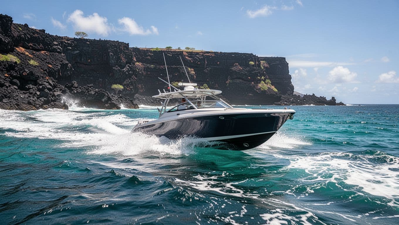 A speedboat cruises dynamically along the Kona coast of Hawaii's Big Island towards Kealakekua Bay, with turquoise waves splashing against dramatic black lava rock cliffs under cinematic midday lighting.