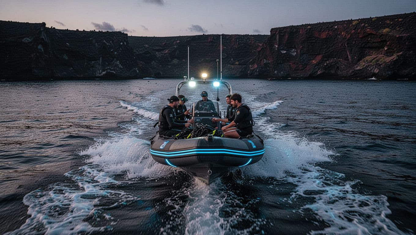 Fast rigid inflatable zodiac powerboat races toward Kona manta ray snorkel site at twilight on calm ocean, crew preps lights and snorkel gear, volcanic cliffs backdrop in cinematic dramatic lighting.