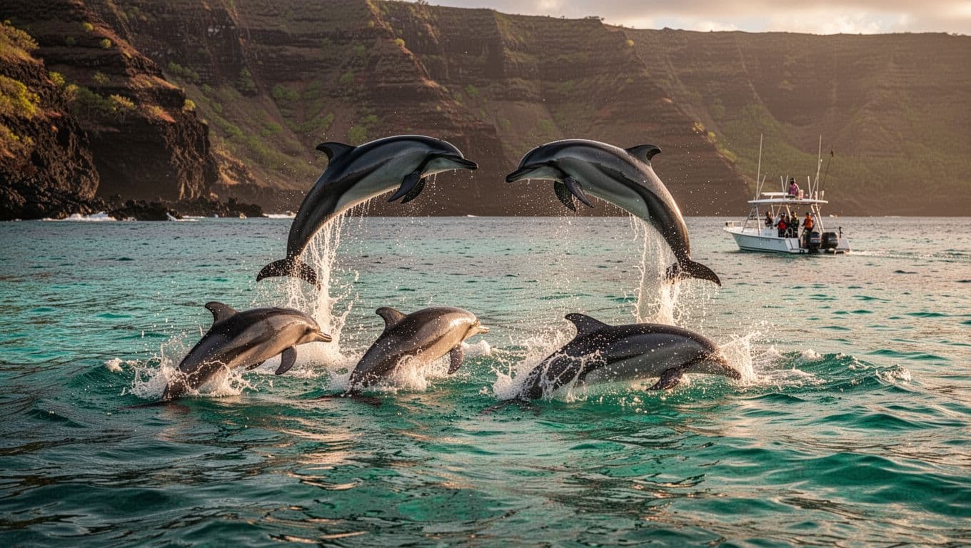 Group of four spinner dolphins, two leaping high and two surfacing, in clear turquoise ocean near Kealakekua Bay, Big Island, Hawaii, with volcanic cliffs in background and small snorkel boat nearby, captured in cinematic golden hour lighting.