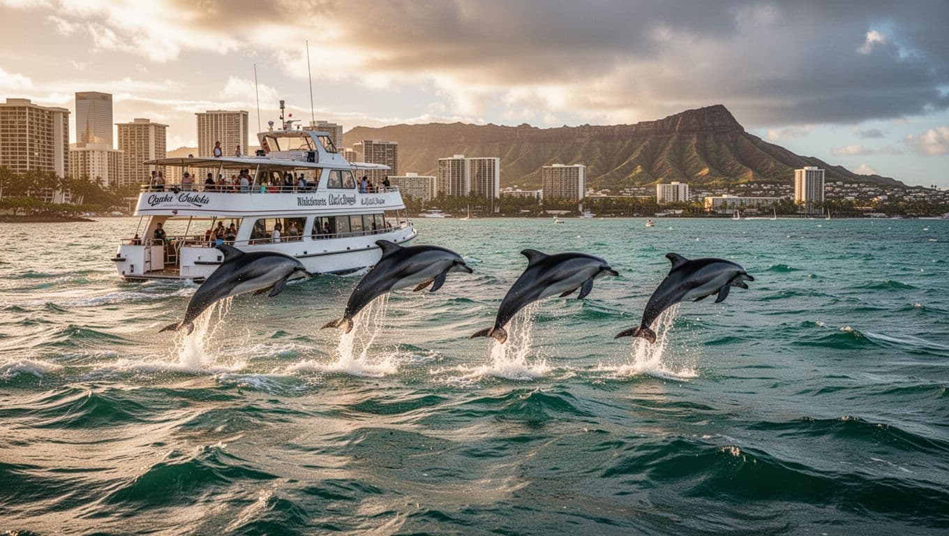 A pod of exactly four spinner dolphins leaps playfully alongside a double-decker tour boat in choppy turquoise ocean off Waikiki, Hawaii, with distant Honolulu skyline and Diamond Head under golden hour lighting.