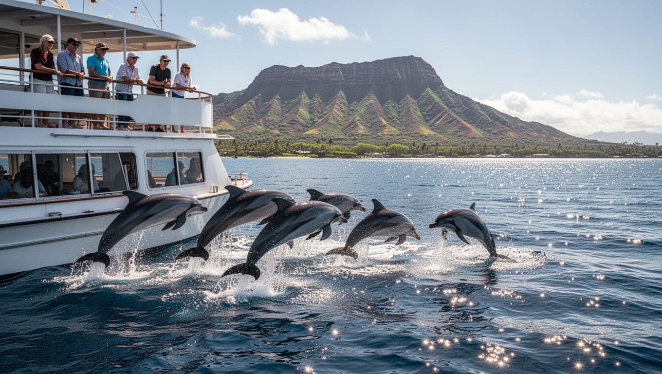 Four spinner dolphins leap alongside double-decker boat in Waikiki waters, six guests watch calmly from upper deck, Diamond Head backdrop.