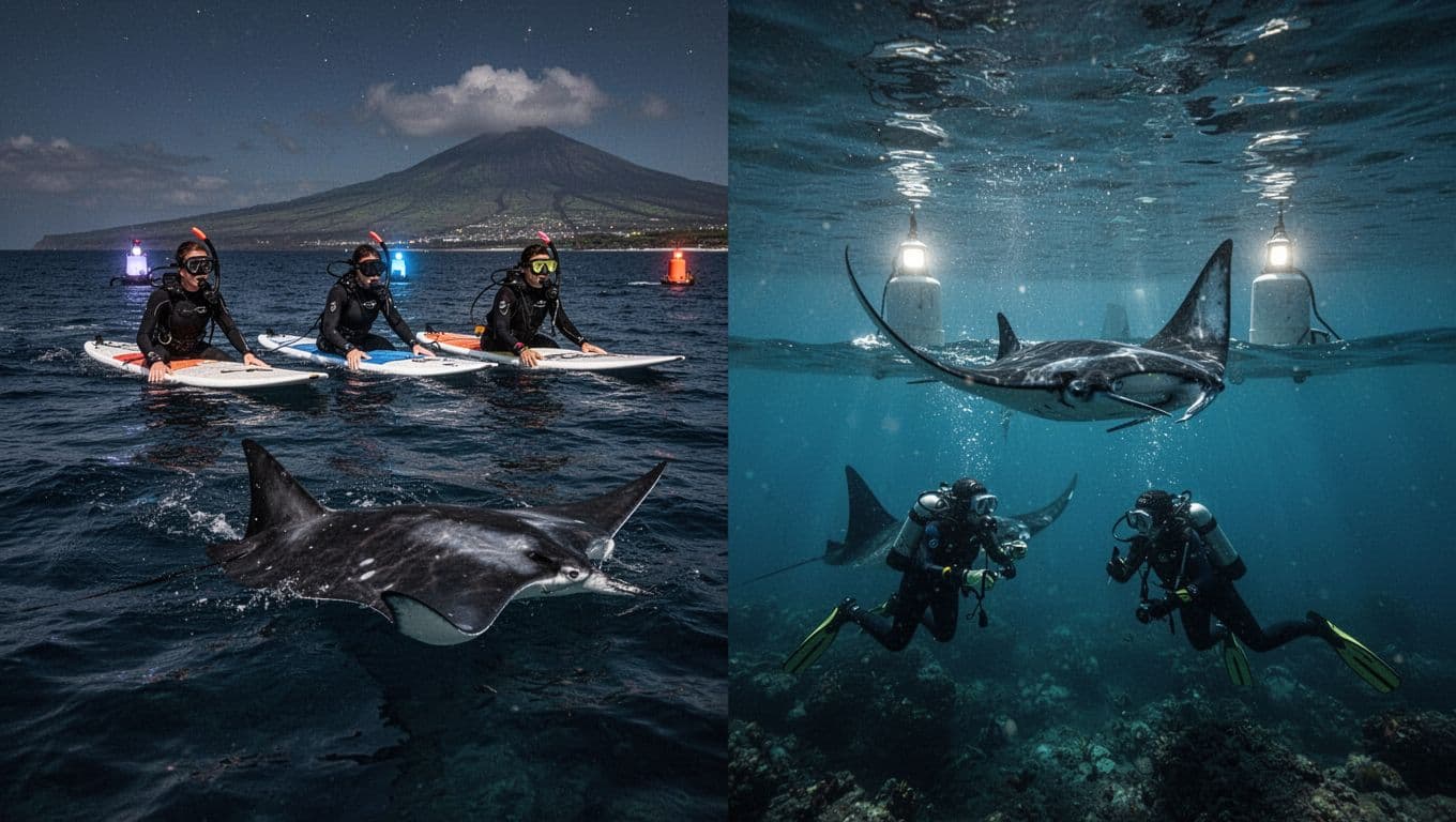 Split scene comparison: left side surface snorkelers with mantas, right side underwater divers with same mantas in nighttime Kona ocean illuminated by lights against volcanic backdrop, cinematic style with strong contrast and blue glow.