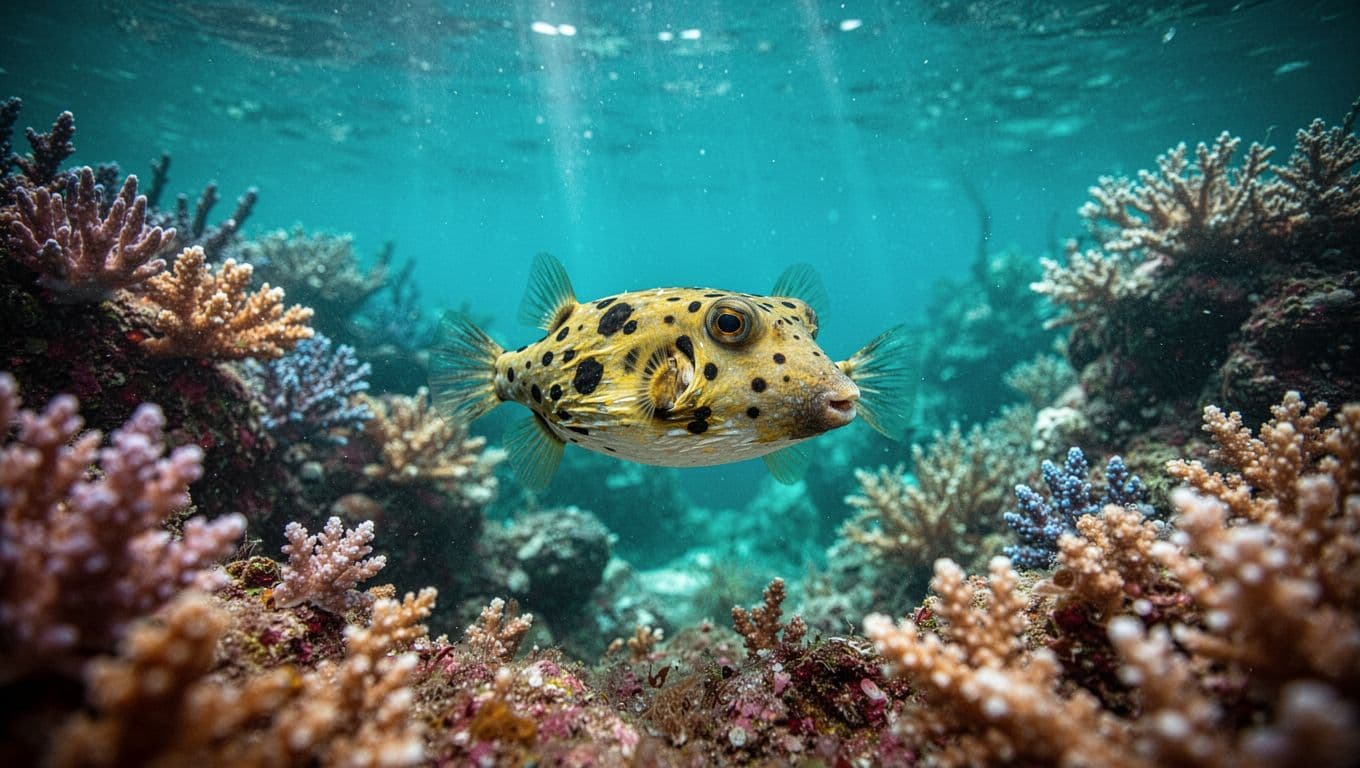 A yellow spotted boxfish swims near colorful coral in clear turquoise water.