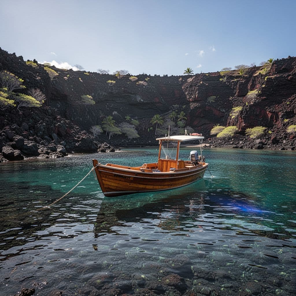 A stable boat floats on calm, clear turquoise water near the volcanic coastline of Kona, Hawaii.